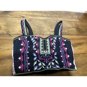 Anthropologie Embroidered Linen Blend Crop Top Women's sz 10 Black/Multi-color